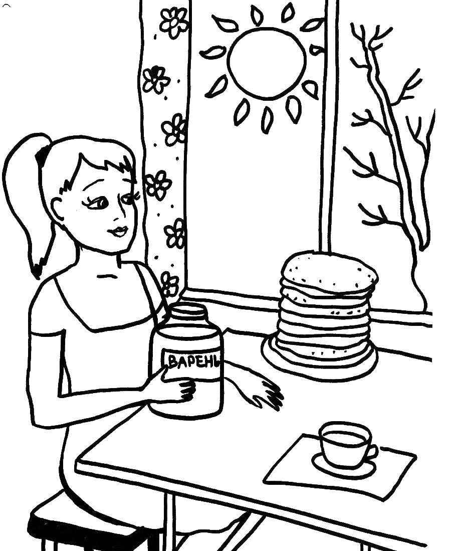 Coloring Pancakes with jam on Shrove Tuesday. Category carnival coloring pages. Tags:  Maslenitsa , pancakes.