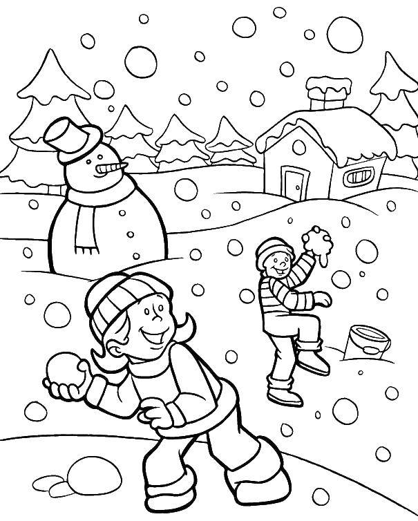 Название: Раскраска Дети кидаются снегом. Категория: Люди. Теги: снег, дети.