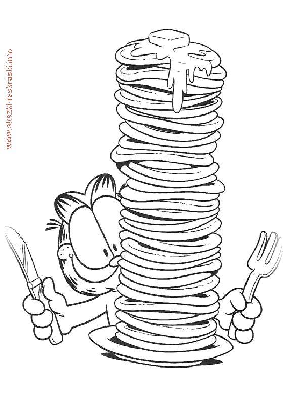Coloring Garfield pancakes in syrup. Category carnival coloring pages. Tags:  Maslenitsa , pancakes.