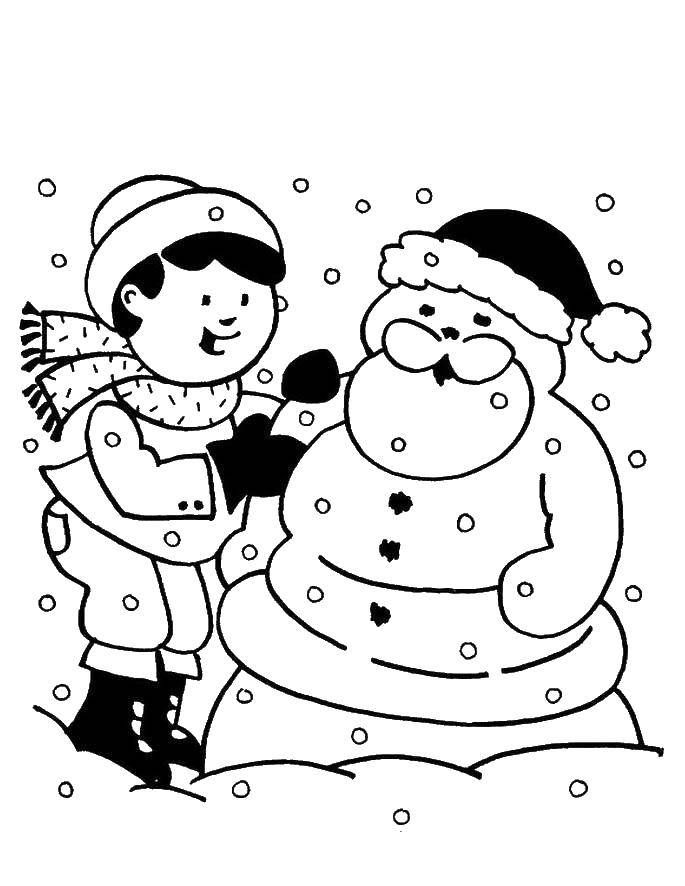 Название: Раскраска Мальчик лепит снеговика. Категория: зима. Теги: снеговик, дети.
