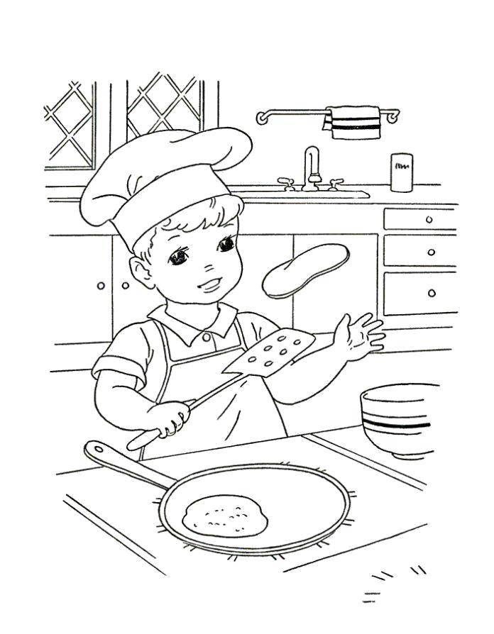 Coloring The boy bakes pancakes. Category carnival coloring pages. Tags:  Maslenitsa , pancakes.