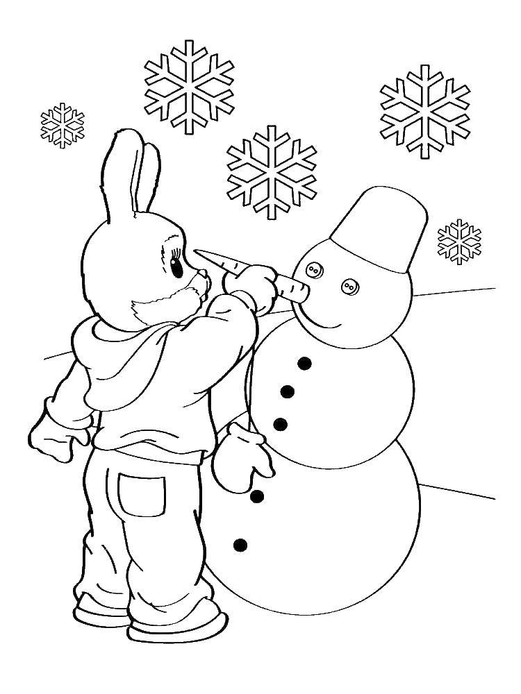 Название: Раскраска Заяц лепит снеговику нос. Категория: зима. Теги: заяц, кролик, зима.