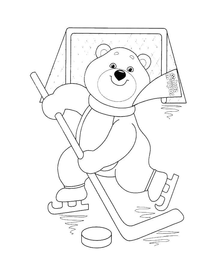 Название: Раскраска Мишка на льду играет в хоккей. Категория: весна. Теги: медведь.