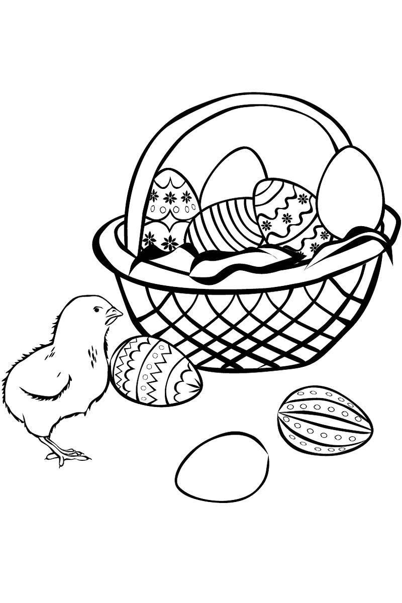 Название: Раскраска Цыплёнок с пасхальными яичками. Категория: пасхальные яйца. Теги: Пасха, яйца, узоры.