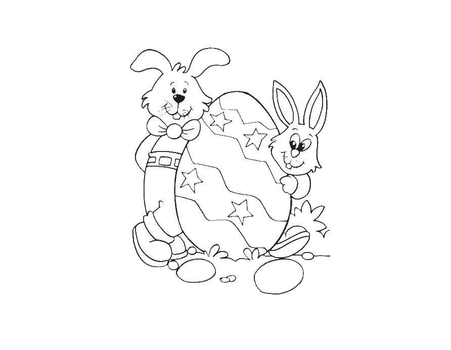 Название: Раскраска Зайчики с яйцом. Категория: пасхальные яйца. Теги: Пасха, яйца, узоры, зайчик.