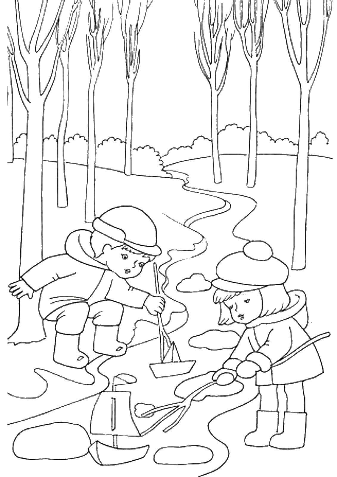 Название: Раскраска Дети играют в кораблик у ручья. Категория: Люди. Теги: кораблик, дети.