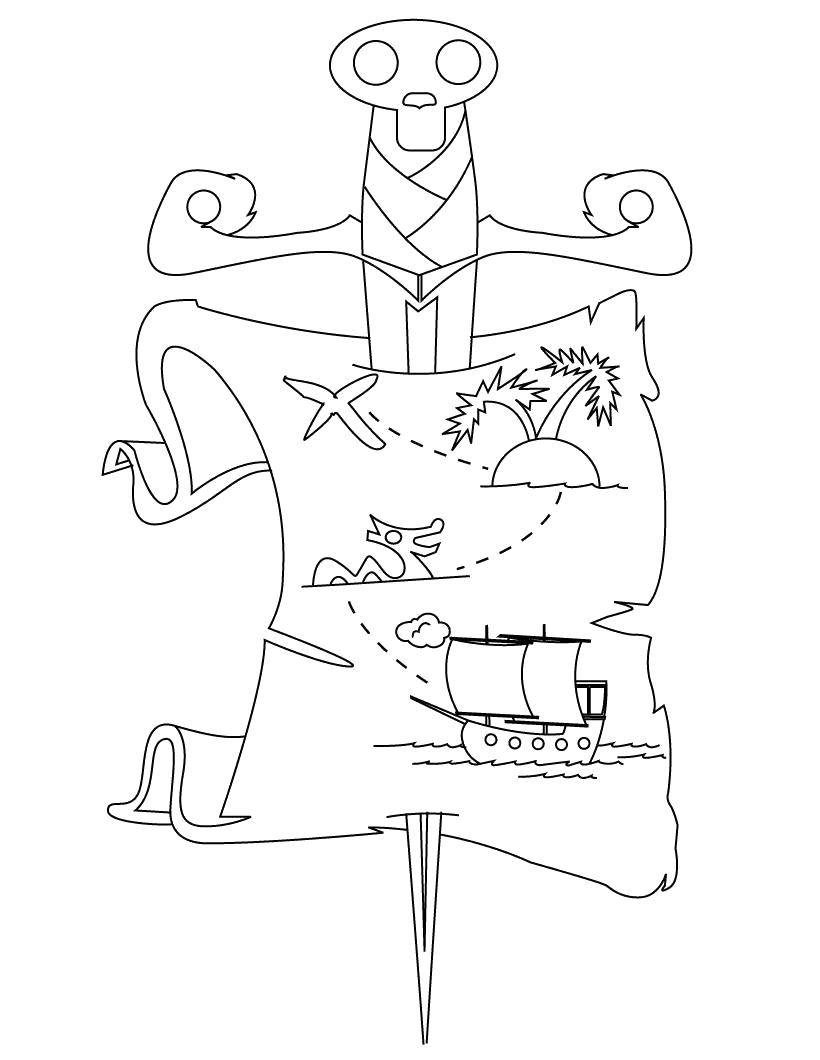 Опис: розмальовки  Карта скарбів проткнутая шаблею. Категорія: пірати. Теги:  Пірат, острів, скарби, карта.