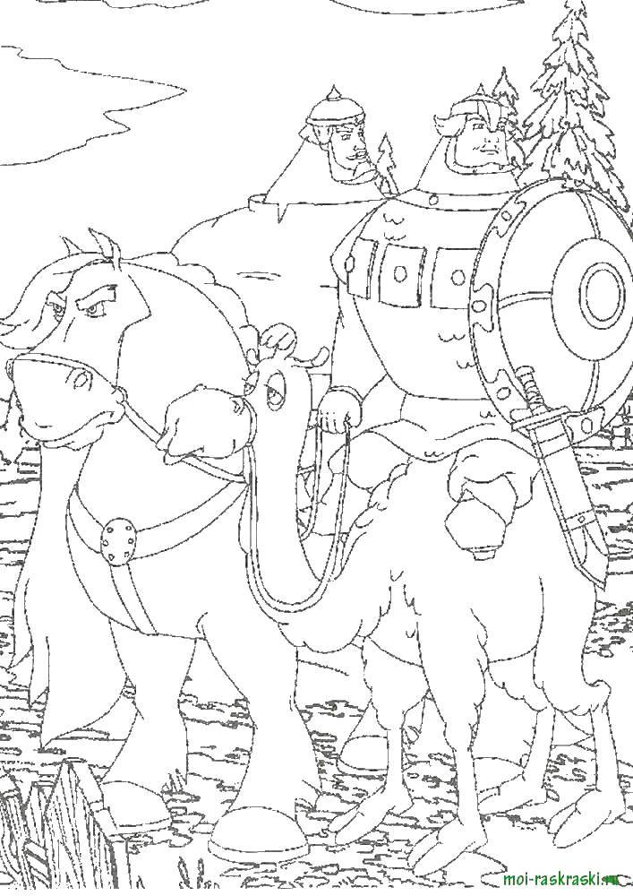 Название: Раскраска Боготыри. Категория: Персонажи из сказок. Теги: лошадь, верблюд, боготыри.
