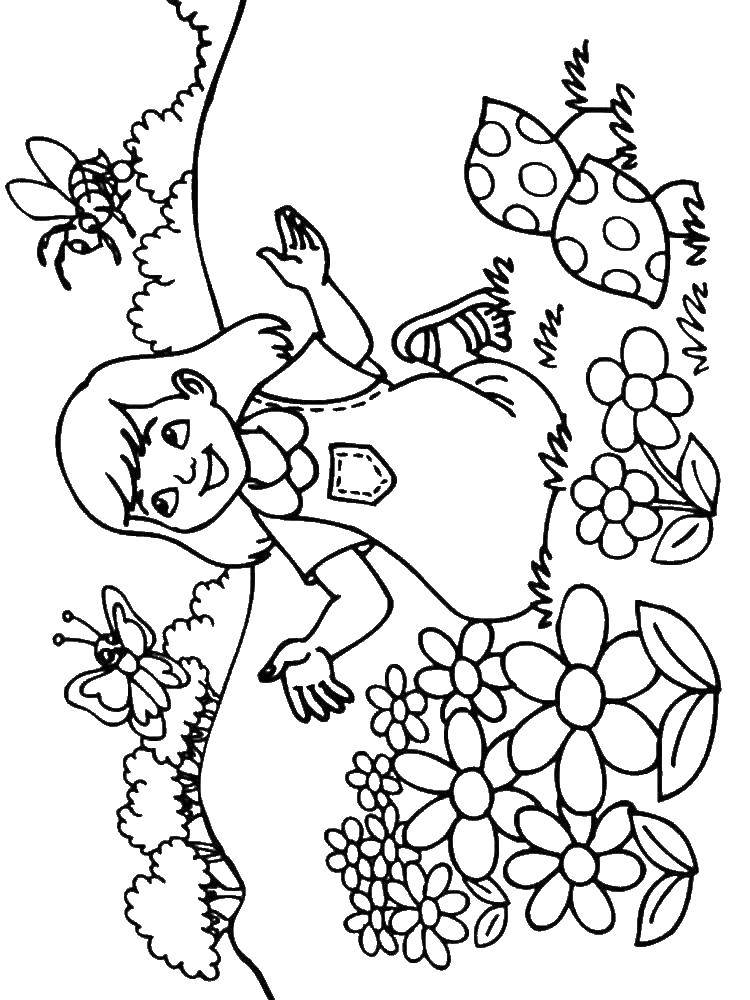 Coloring Girl sits on meadow with flowers. Category People. Tags:  flowers, girl.