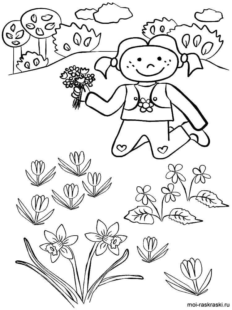 Coloring Girl picking flowers. Category People. Tags:  flowers, girl.