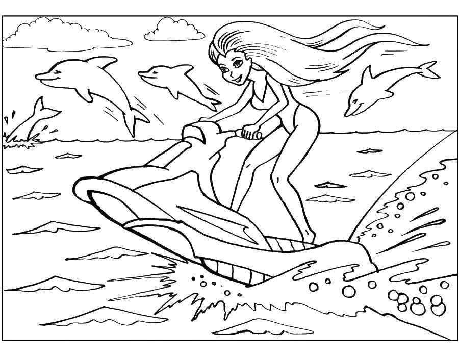 Название: Раскраска Девушка на катере. Категория: морское. Теги: акулы, девушка.