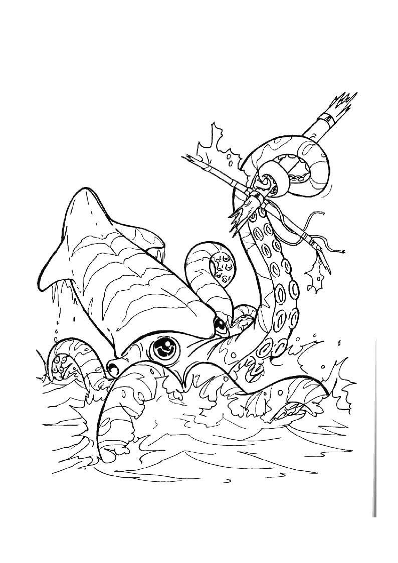 Coloring Sea monster attacking the ship. Category the pirates. Tags:  Pirate, sea, monster.