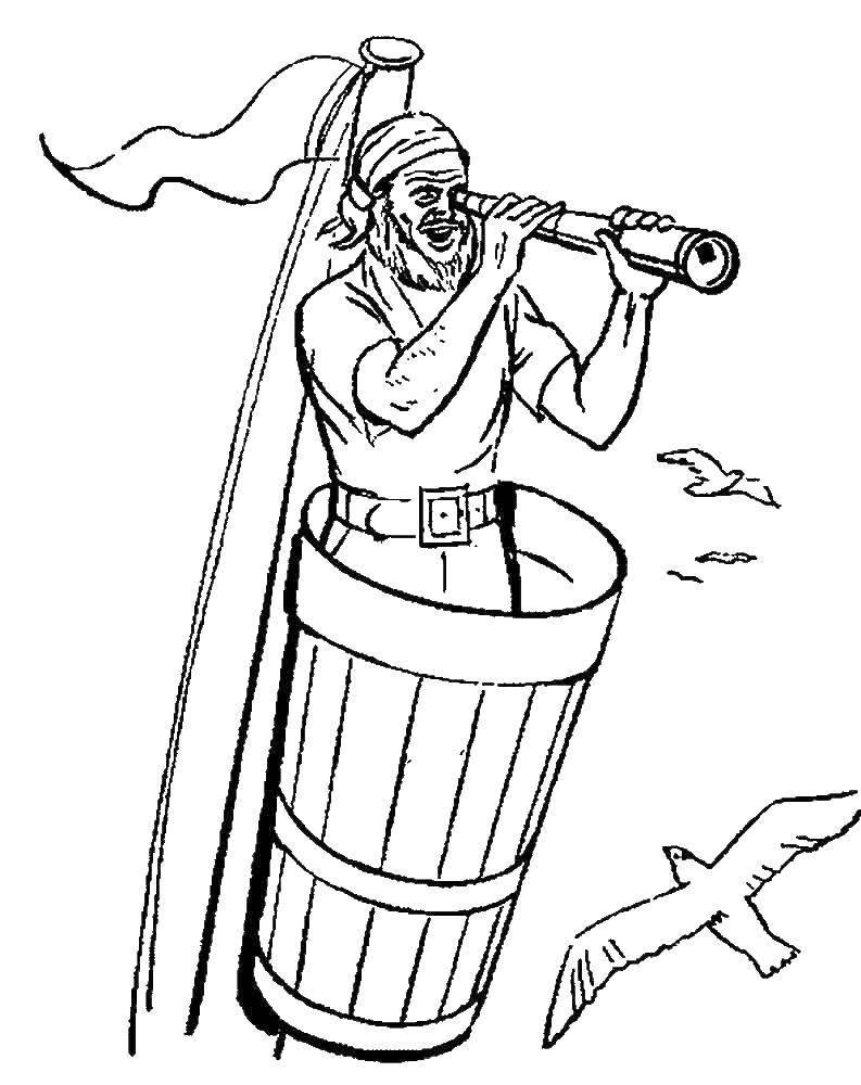 Coloring Pirate looks through a telescope. Category the pirates. Tags:  Pirate, island, treasure, ship.