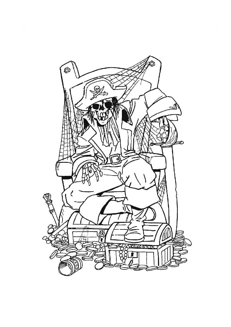 Coloring The skeleton pirate on his treasure. Category the pirates. Tags:  Pirate, island, treasure.
