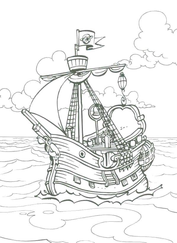 Розмальовки  Піратський корабель пливе по хвилях. Завантажити розмальовку Пірат, острів, скарби, корабель.  Роздрукувати ,пірати,