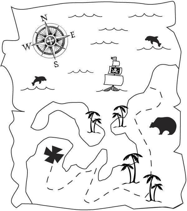Название: Раскраска Карта спрятанного клада. Категория: раскраска сокровища. Теги: Пират, остров, сокровища, карта.