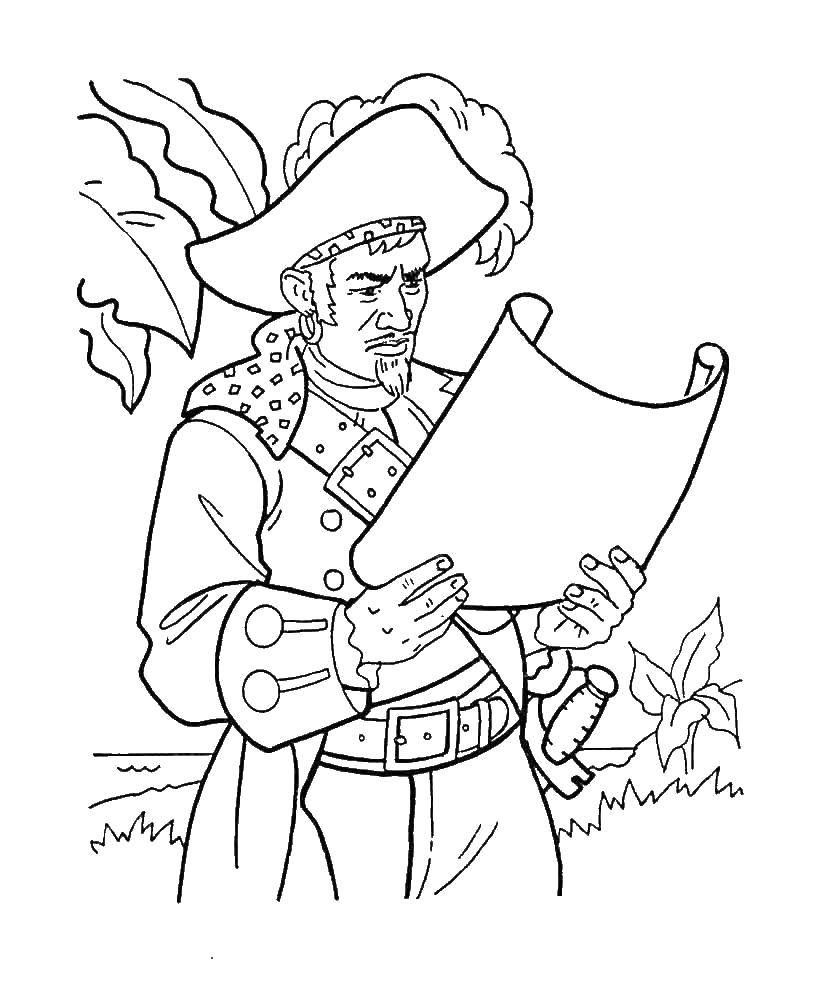Coloring Pirate looking for the treasure using the map. Category the pirates. Tags:  Pirate, island, treasure, map.