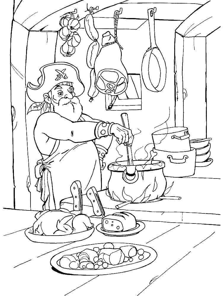 Coloring Pirate in the kitchen. Category the pirates. Tags:  Pirate, island, treasure, ship.