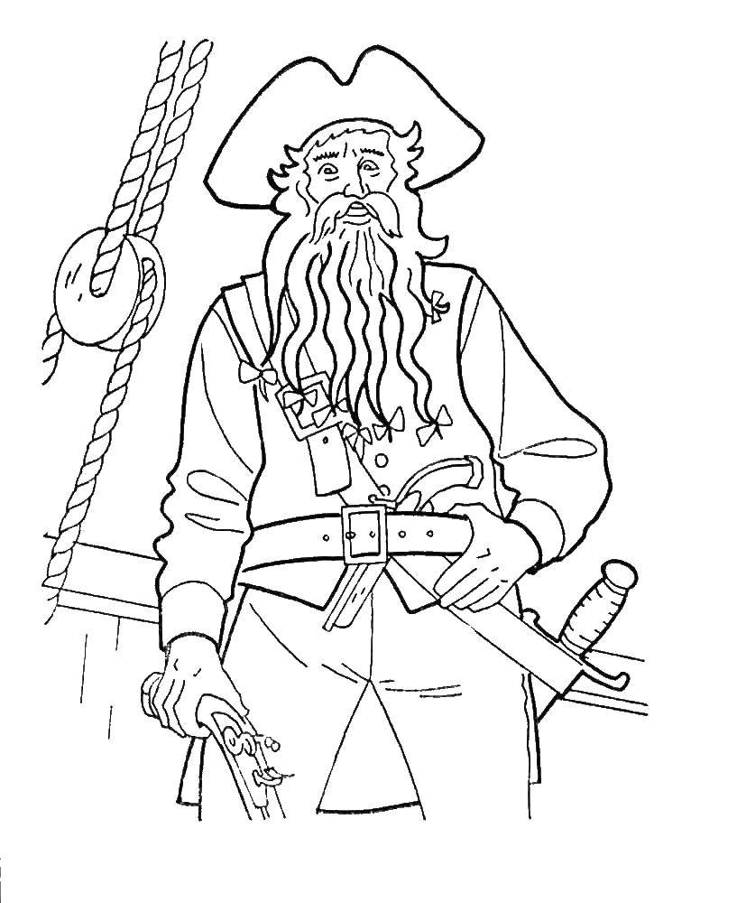 Coloring Pirate on his ship. Category the pirates. Tags:  Pirate, island, treasure, ship.