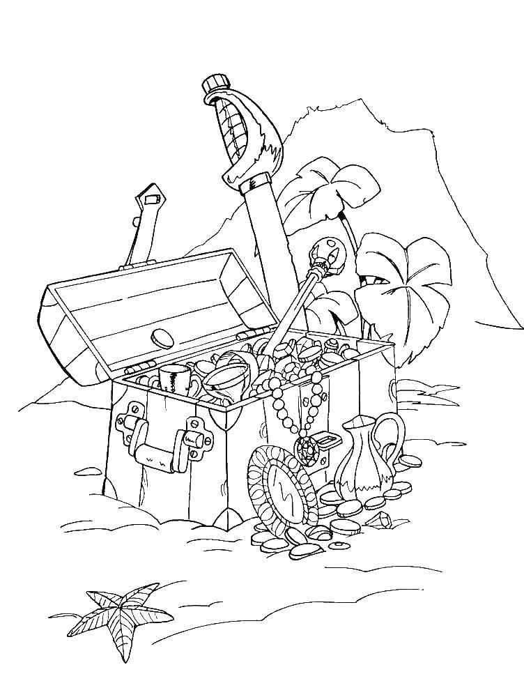 Название: Раскраска Сундук с сокровищами. Категория: пираты. Теги: Пират, остров, сокровища.