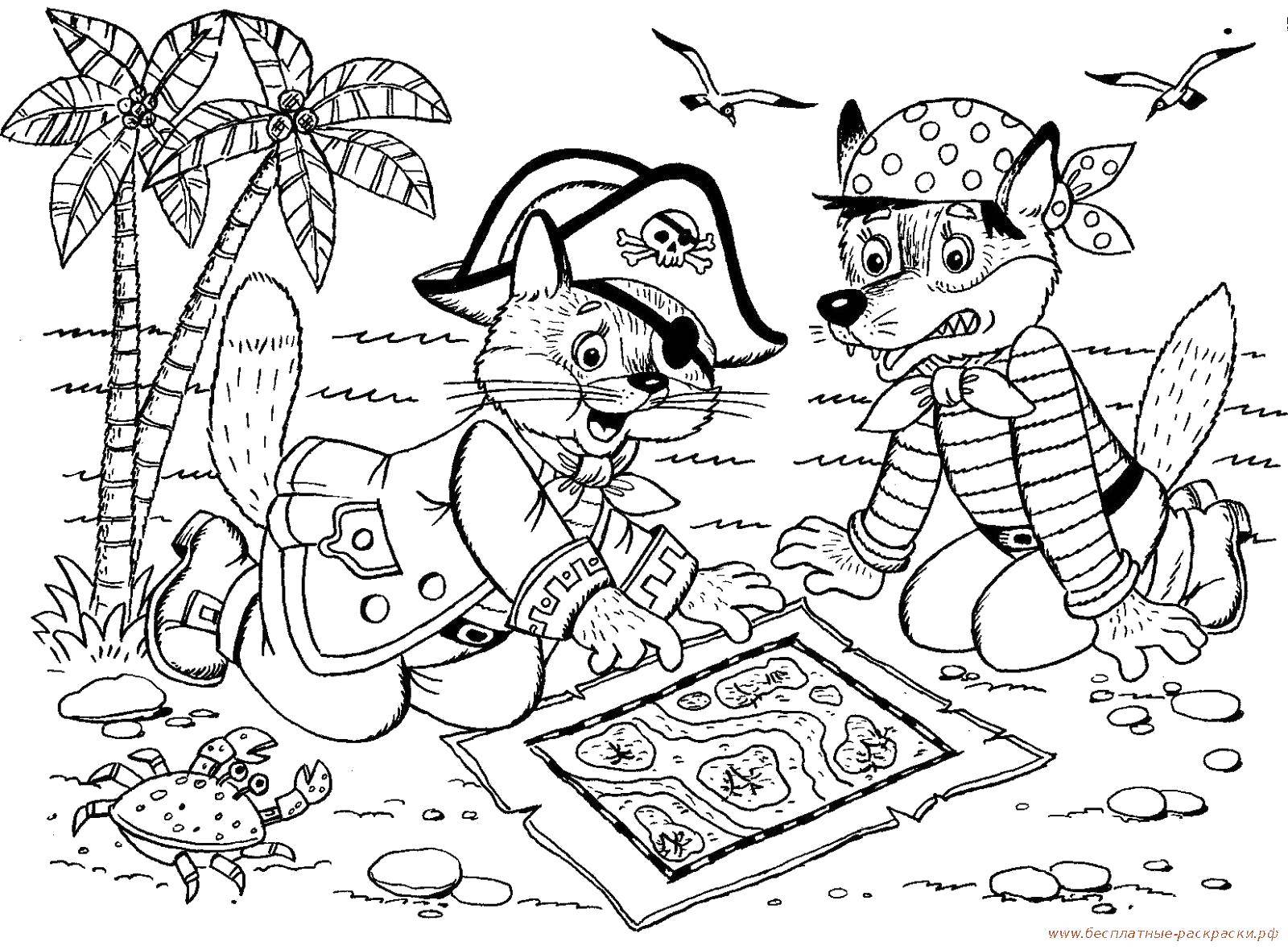 Coloring Pirates looking for treasure. Category coloring book of treasures. Tags:  Pirate, island, treasure.