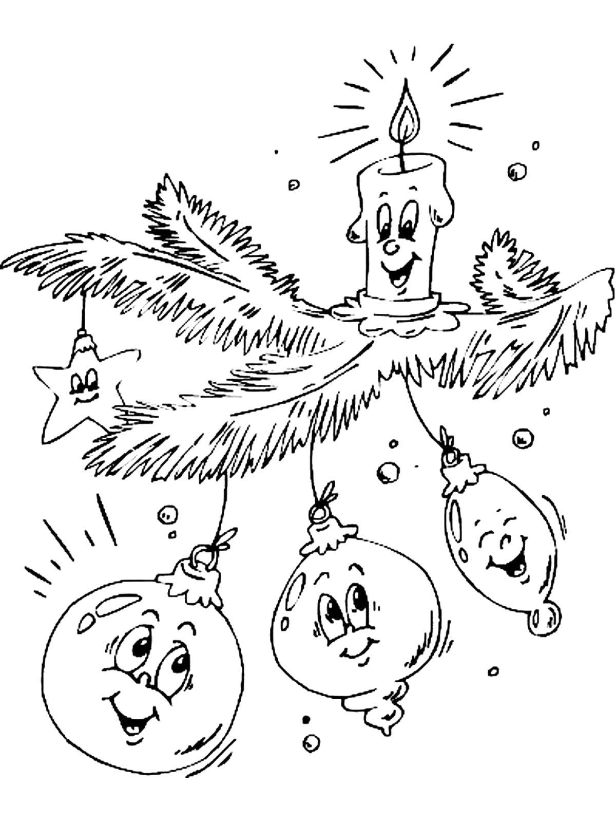 Розмальовки  Гілочка з новорічними іграшками. Завантажити розмальовку Новий Рік, Новорічна іграшка.  Роздрукувати ,ялинкові іграшки,