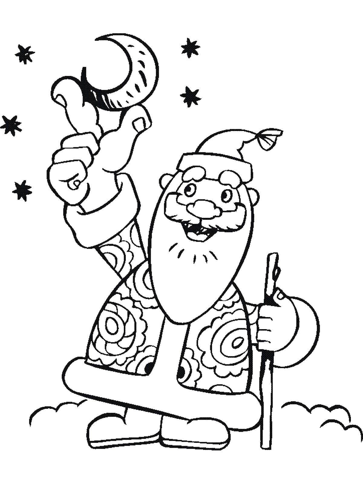 Coloring Santa Claus and the Crescent. Category new year. Tags:  New Year, Santa Claus, Santa Claus, gifts.