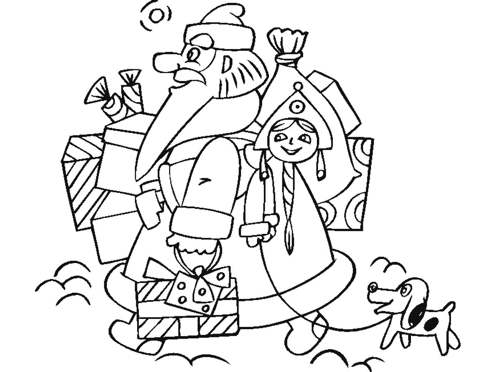 Coloring Grandfather frost and snow maiden. Category new year. Tags:  New Year, Santa Claus, gifts, snow maiden.