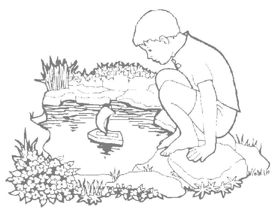 Coloring Boy playing in the pond. Category People. Tags:  boy, pond.