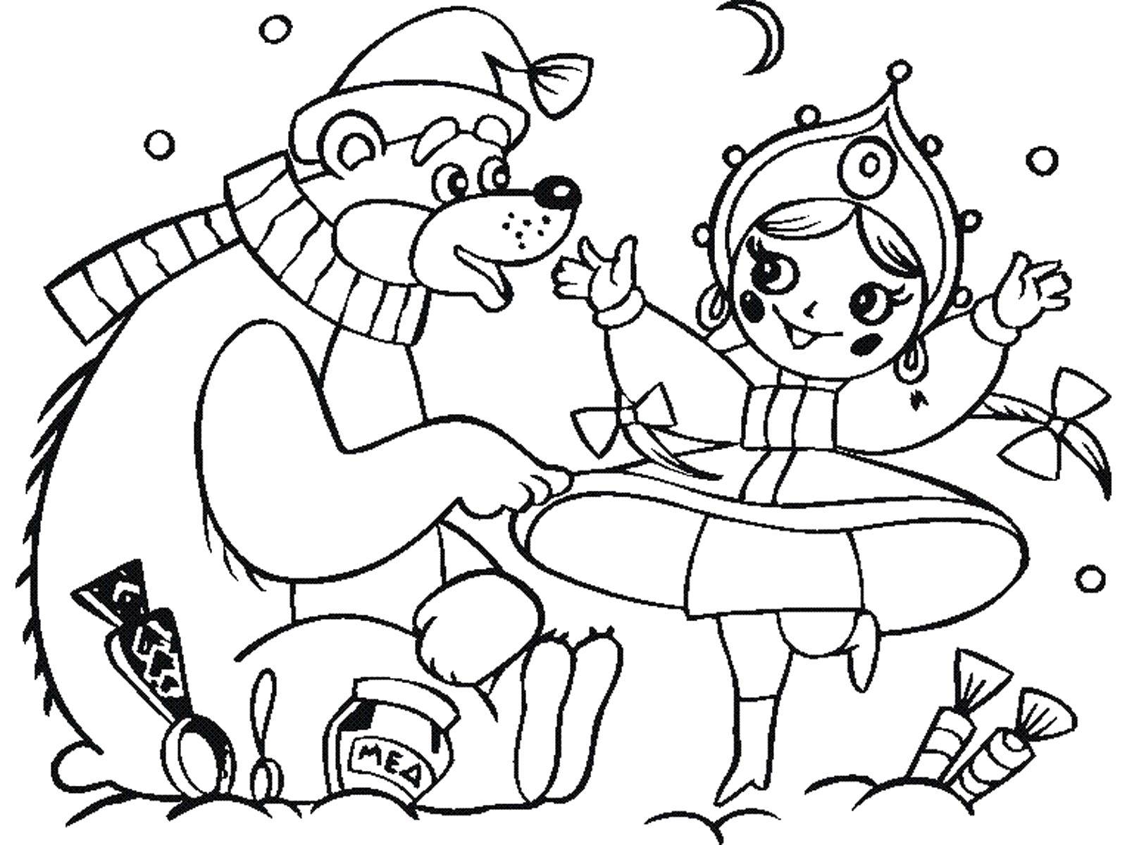Название: Раскраска Снегурочка и мишка. Категория: снегурочка. Теги: Снегурочка, зима, Новый Год, лес.