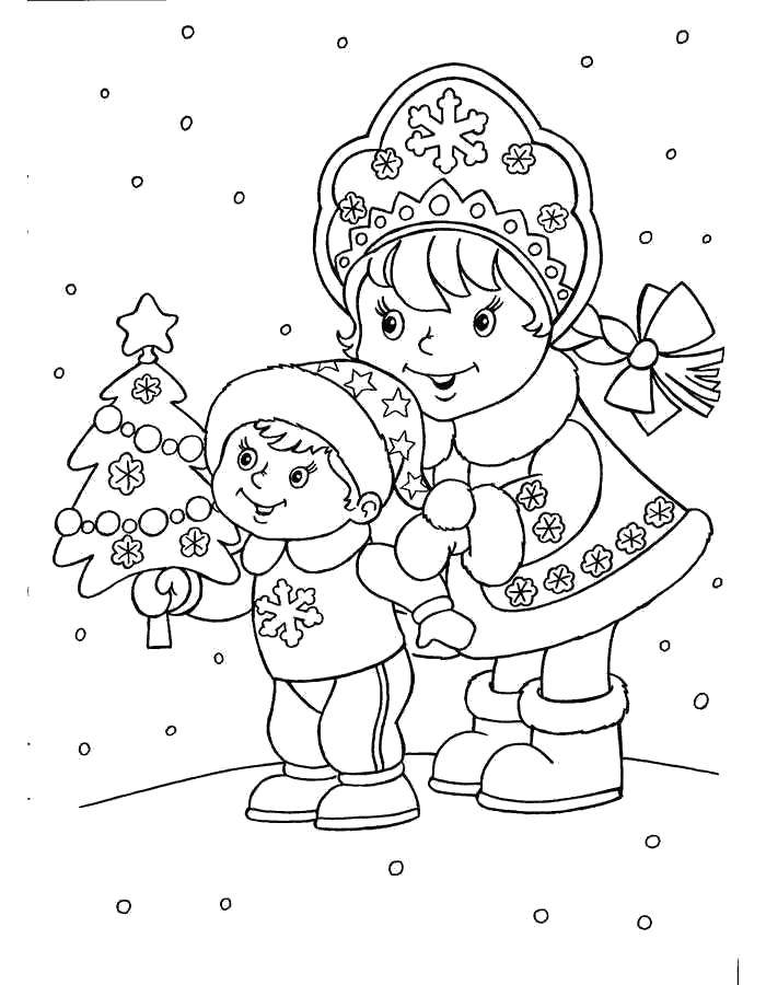 Название: Раскраска Снегурочка с малышом. Категория: сказка снегурочка. Теги: Снегурочка, зима, Новый Год.