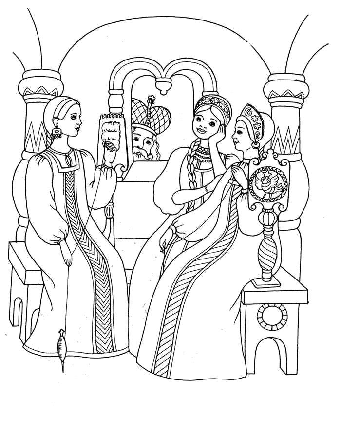 Coloring Three girls under the window. Category Fairy tales. Tags:  The Tale Of Tsar Saltan.
