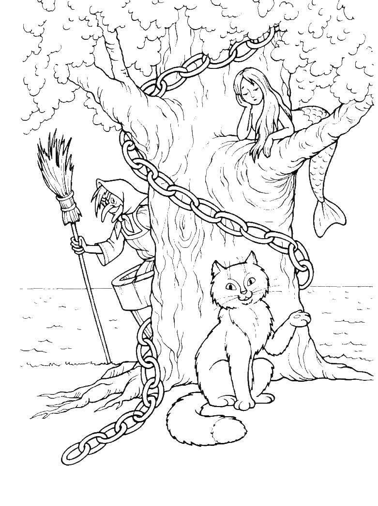 Coloring There stands a green oak.... Category Fairy tales. Tags:  Fairy tales , Ruslan and Lyudmila.