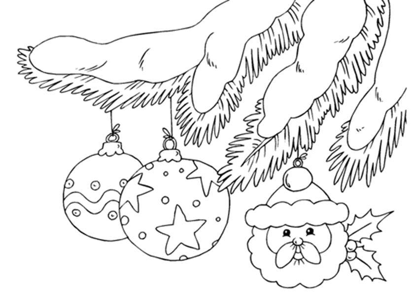 Coloring Snow-covered branches with toys. Category Christmas decorations. Tags:  New Year, Christmas toy.