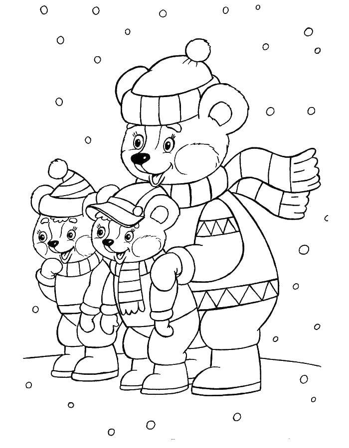 Розмальовки  Ведмедики в зимовому лісі. Завантажити розмальовку Зима, ліс, ведмідь.  Роздрукувати ,зима,