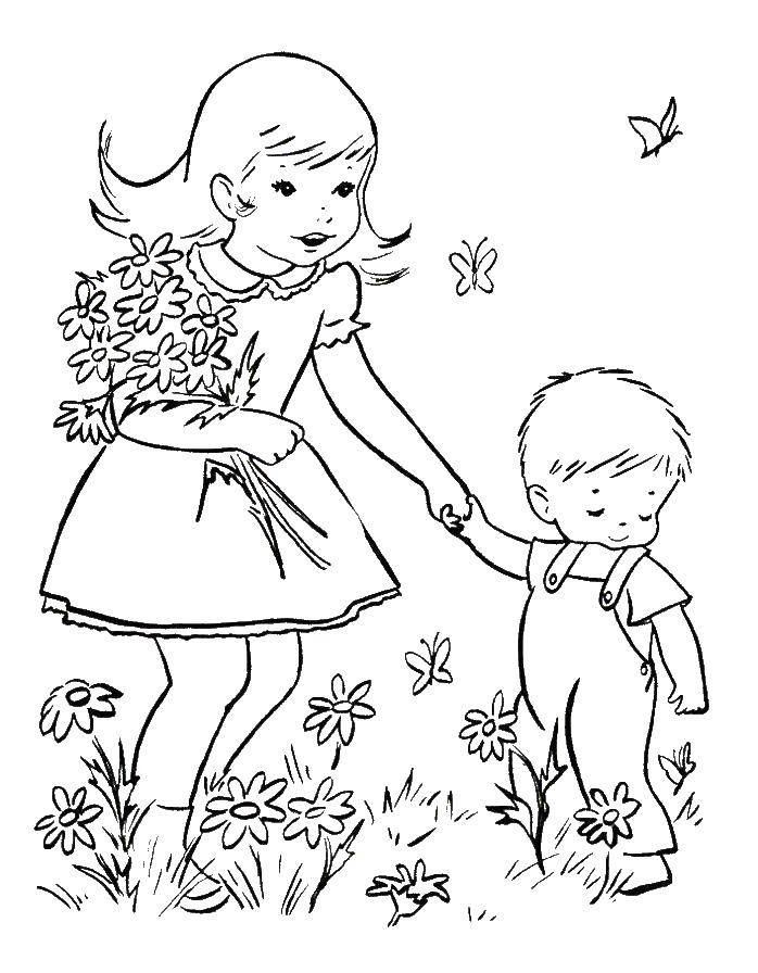 Название: Раскраска Дети собирают цветы. Категория: Люди. Теги: цветы, дети.