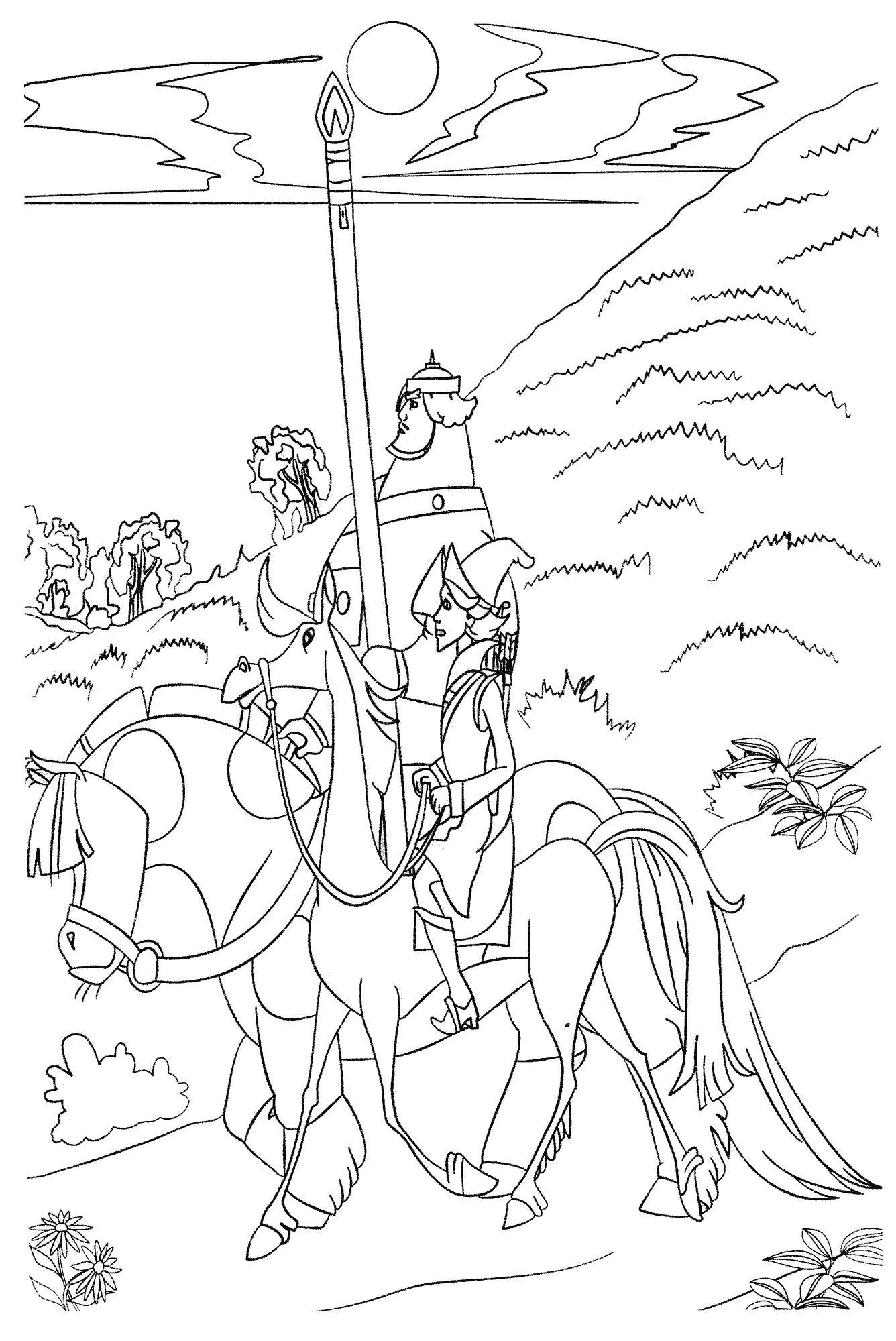 Coloring Ilya Muromets on horseback. Category Cartoon character. Tags:  Ilya Muromets, Bogatyr.