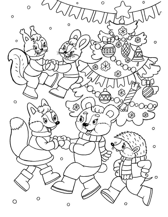 Название: Раскраска Новогодний карнавал животных. Категория: новый год. Теги: Новый Год, ёлка, подарки, игрушки, дети, веселье, праздник.