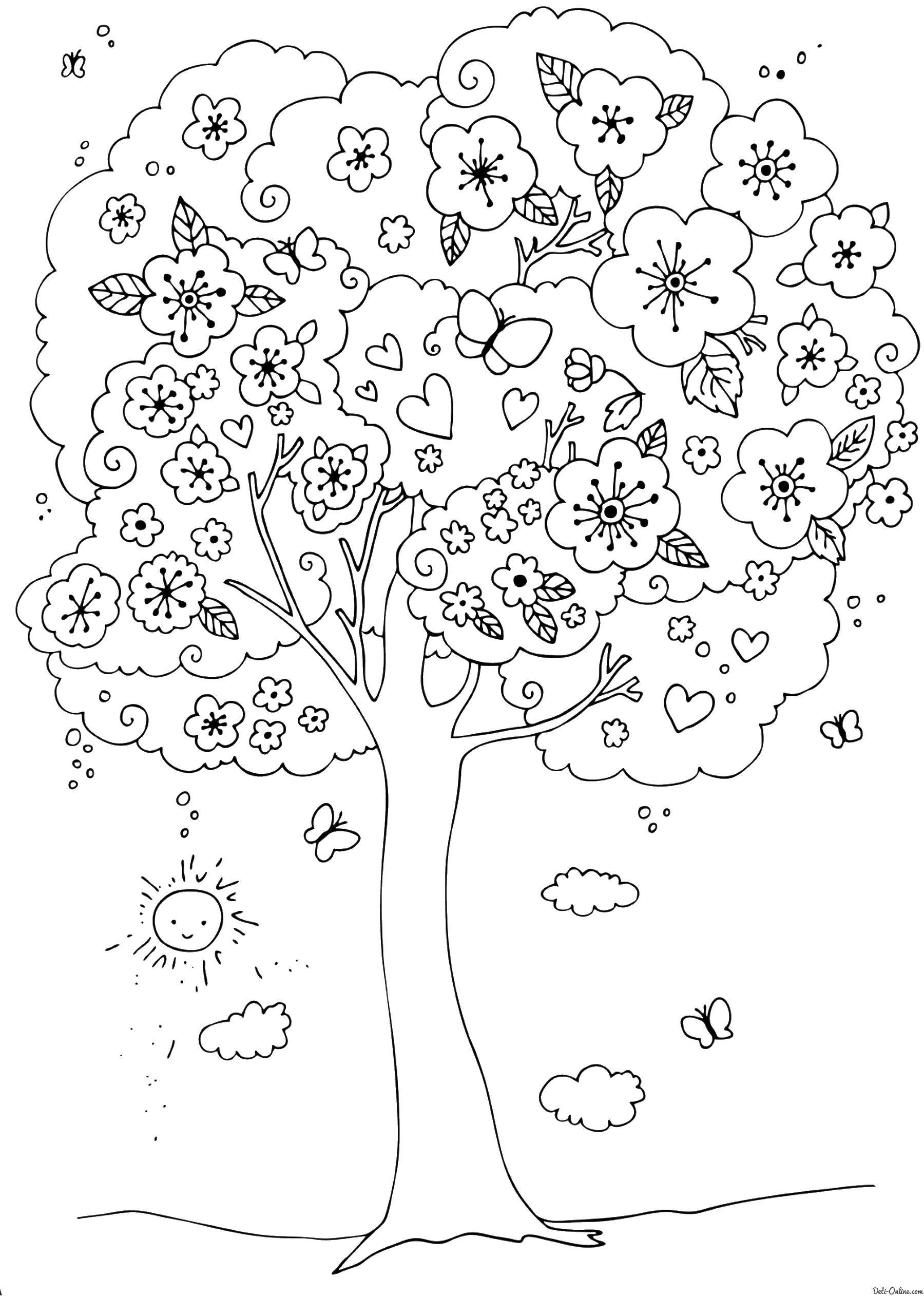 Coloring Flowering tree. Category Nature. Tags:  tree, butterflies.