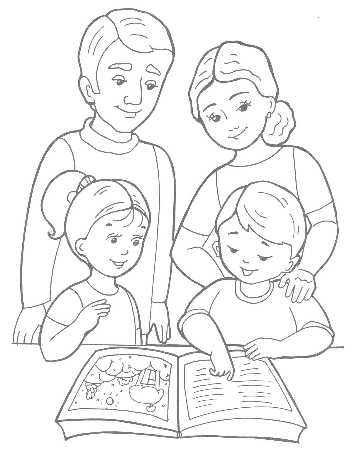 Coloring Children read book with parents. Category Family. Tags:  Family, parents, children.