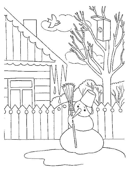 Название: Раскраска Снеговик тает весной. Категория: весна. Теги: снеговик.