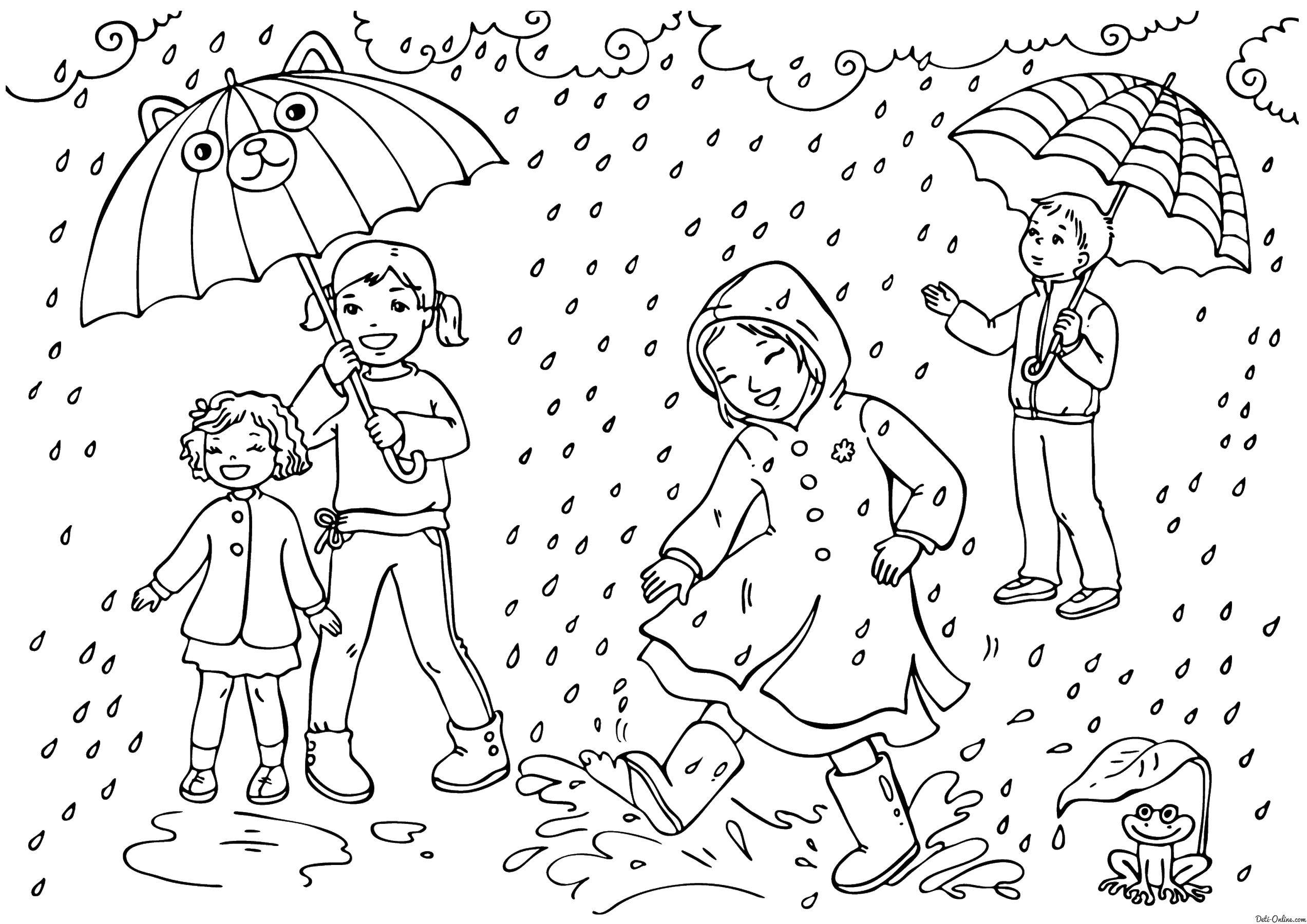Розмальовки  Діти гуляють під дощем. Завантажити розмальовку діти, дощ.  Роздрукувати ,Люди,