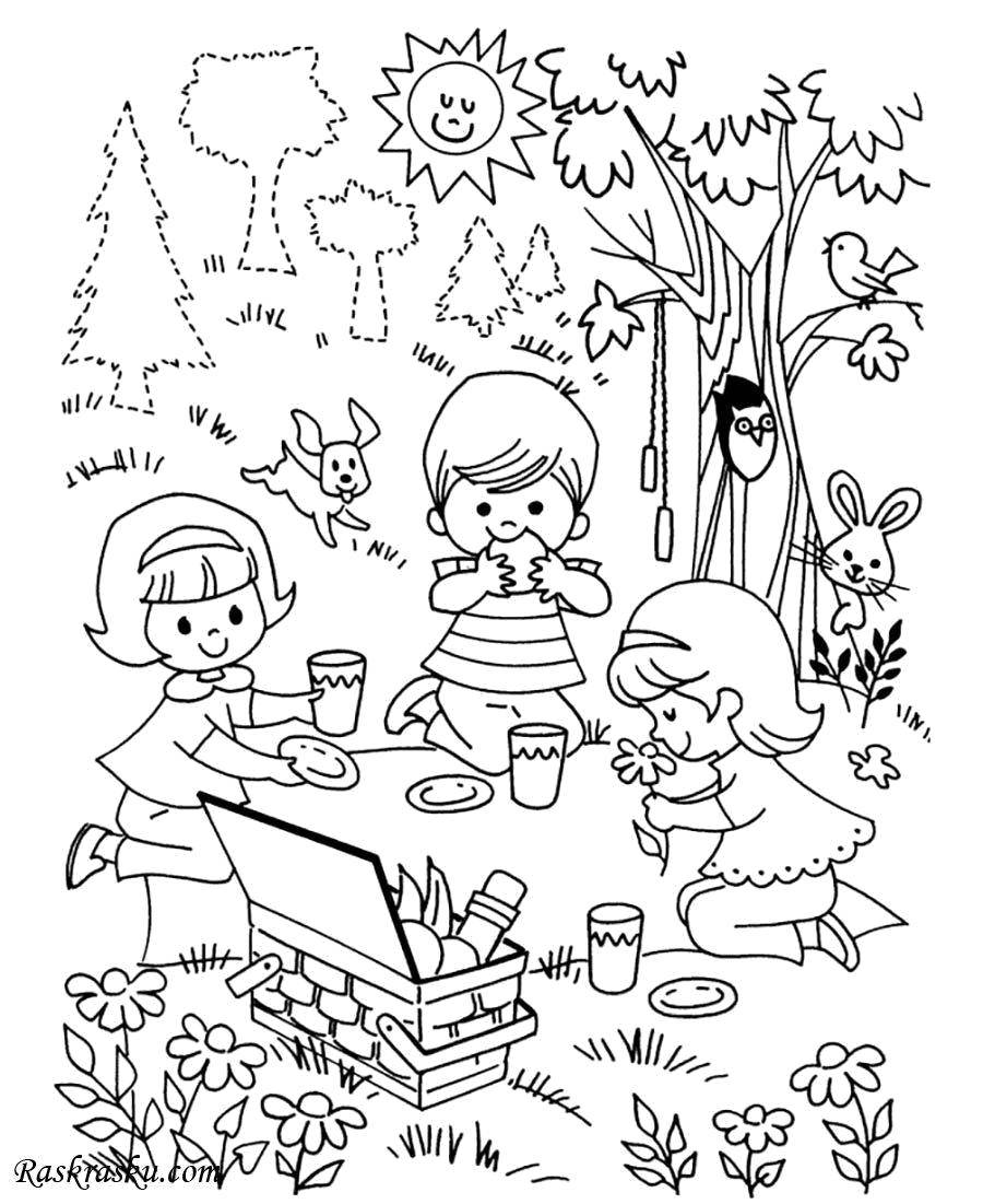 Розмальовки  Дітки на пікніку. Завантажити розмальовку Відпочинок, діти, пікнік, природа.  Роздрукувати ,відпочинок,