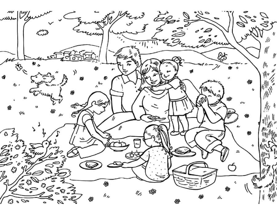 Название: Раскраска Семейный пикник. Категория: семья. Теги: Семья, родители, дети, пикник.