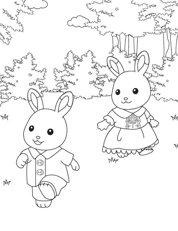 Coloring Bunny playing outdoors. Category Coloring pages for kids. Tags:  rest, forest, animals.