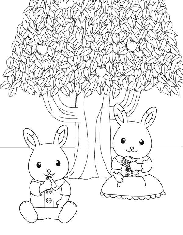 Coloring Bunnies under eblana. Category family animals. Tags:  Leisure, nature, Apple tree.