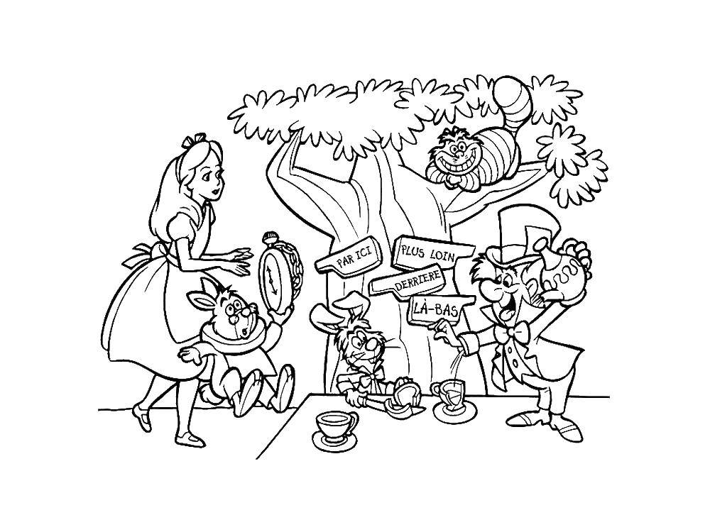 Название: Раскраска Алиса и кролик. Категория: Персонажи из сказок. Теги: алиса, шляпник, чае питье.