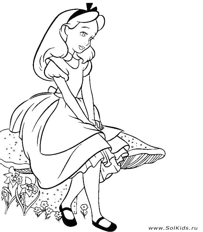 Название: Раскраска Алиса в зазеркалье. Категория: Персонажи из сказок. Теги: алиса, грибы.