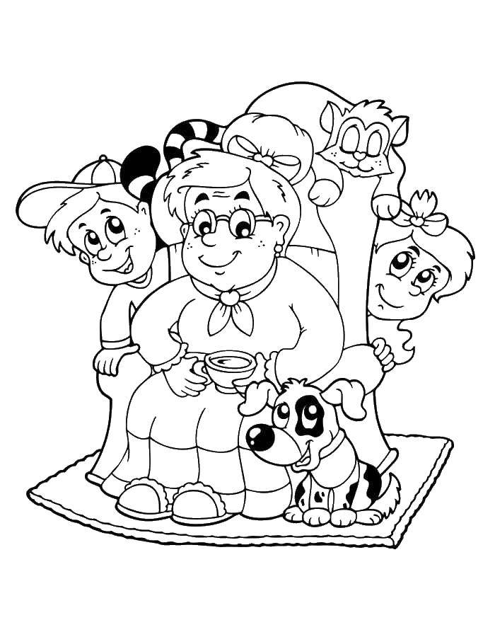 Coloring Grandmother with grandchildren. Category coloring. Tags:  grandmother, grandchildren.