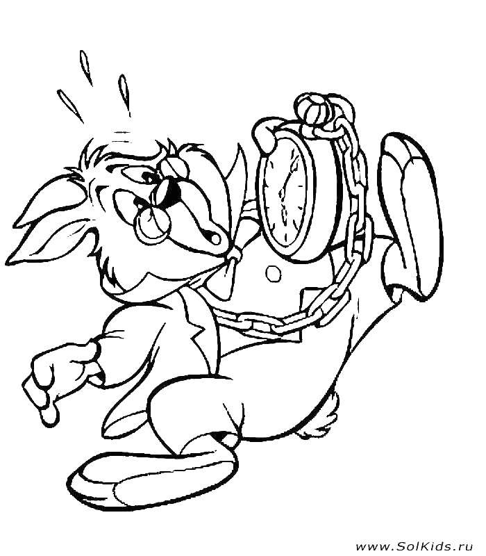 Название: Раскраска Кролик и часы. Категория: Персонаж из мультфильма. Теги: часы, кролик.